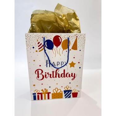 Imagem de Ssyuysto Saco de presente de aniversário de 33 cm branco para presente de feliz aniversário com etiqueta de presente de papel de seda dourada bolsa de presente de festa com alças de corda azul real