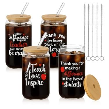 Imagem de Zubebe 4 peças presentes de professores de 473 ml para mulheres presentes de agradecimento de professores fofos copo de café copos de cerveja com tampas de bambu canudos de vidro escovas de limpeza