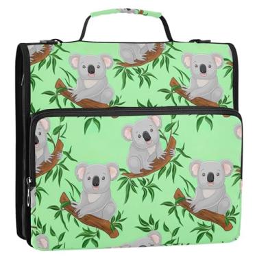 Imagem de Organizador de fichário com zíper, lindos galhos de árvores, coalas, verde, 3 anéis, bolsa de fichários escolares personalizados para serviço pesado com alça de ombro, estojo de armazenamento com alça