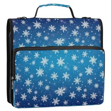 Imagem de Bolsa de fichário azul com 3 anéis de flocos de neve brancos brilhantes com alça, organizador de fichário com zíper com bolsos para escola ou escritório, suporte de portfólio de armazenamento de