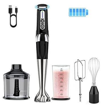 Imagem de Liquidificador de imersão sem fio: liquidificador manual recarregável USB 4 em 1, 21 velocidades variáveis e 3 ângulos ajustáveis com cortador de 700 ml, copo de 700 ml, batedor de ovos e batedor para