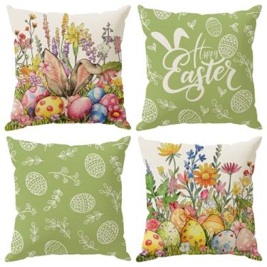 Imagem de ZAEW Orelhas de coelho ovos flores silvestres Páscoa fronhas conjunto de 4 decorações para casa de fazenda sofá sofá capa de almofada decoração de festa feriado 50 x 50 centímetros