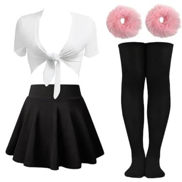 Imagem de YIXAXKAO Fantasia feminina de Halloween de cantora pop de cabelo peludo, saia patinadora plissada, camisa amarrada, meias até a coxa