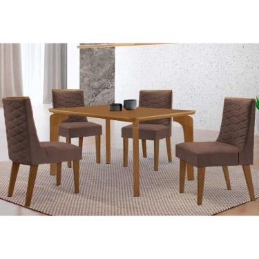 Imagem de Sala Jantar Mesa Londrina Tampo Curvo 120cm+4 Cadeiras Dafne Madeira Naturale - Capuccino/Corano Capuccino - Rufato