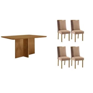 Imagem de Sala Jantar Mesa Berlim Tampo Curvo 120cm+4 Cadeiras Tilia Madeira Naturale - Capuccino/Linho Capuccino - Rufato