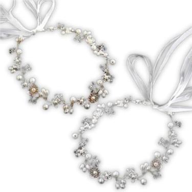 Imagem de Kit 2 Tiaras Florais com Pérolas Brancas e Flores Artesanais – Acessórios Elegantes para Noivas, Damas e Festas Especiais