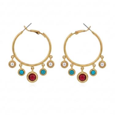 Imagem de Brincos de argola banhados a ouro para mulheres com pedras multicoloridas, pingentes de turquesa sintética e pérola, 4 cm de diâmetro, comprimento de queda de 5,2 cm, Large, Zinco, Sem pedra preciosa