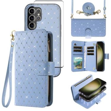 Imagem de Capa carteira compatível com Samsung Galaxy S23 Ultra 5G com zíper para celular e protetor de tela, alça transversal, flip com glitter, porta-cartões, capa para celular S23Ultra 23S S 23 23Ultra 6,8