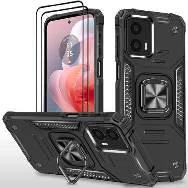 Imagem de HONG-AMY Capa para Moto G Power 5G 2024 com 2 peças de protetor de tela de vidro temperado, grau militar duplo à prova de choque com suporte - preta