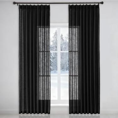 Imagem de Ftinala Cortina preta semitransparente, 2 painéis, 2 painéis, cortinas texturizadas para sala de estar, do chão ao teto, porta de vidro deslizante, com ganchos e abas traseiras e anéis