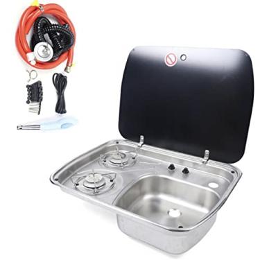 Imagem de Combinação de pia de fogão a gás RV com torneira e tampa, fogão a gás de pia de campista 2 queimadores GLP Cooktop barco caravana Fogão de acampamento inoxidável Pia de cozinha externa RV Fogão de pia