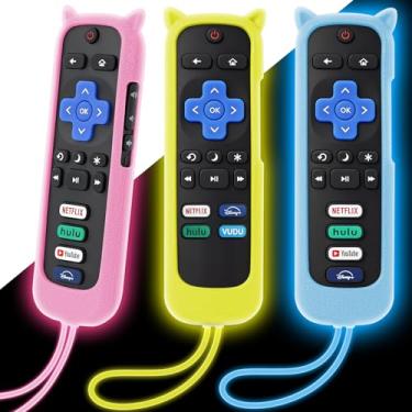 Imagem de Pacote com 3 capas para controle remoto Roku, capa de silicone compatível com TCL Roku TV/Hisense/Streaming Stick/Express, capa protetora antiderrapante à prova de choque que brilha no amarelo escuro