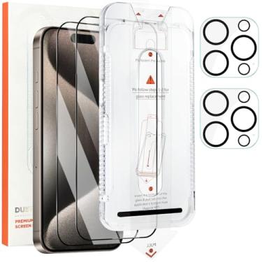 Imagem de Jngnpn Pacote com 2 protetores de tela para iPhone 15 Pro Max com 2 protetores de lente de câmera, alinhamento automático, filme de vidro temperado premium, dureza 9H, livre de poeira, resistente a