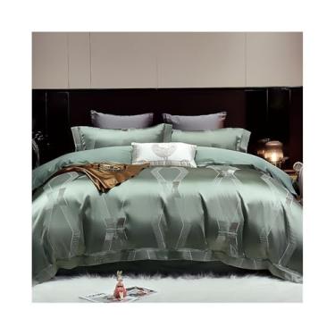 Imagem de Conjunto de capa de edredom de cetim jacquard geométrico Queen/King Size 4 peças verde luxuoso macio sedoso macio conjunto de capa de edredom (Queen 200 x 230 4 peças)