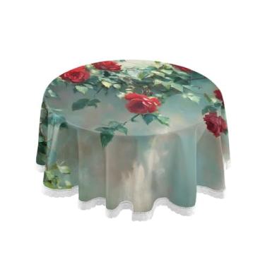 Imagem de Qilmy Toalha de mesa redonda de palmeira de treliça verde, 152 cm, resistente à água, à prova de derramamento, capa de mesa grande para jantar de reunião de família em ambientes internos e externos