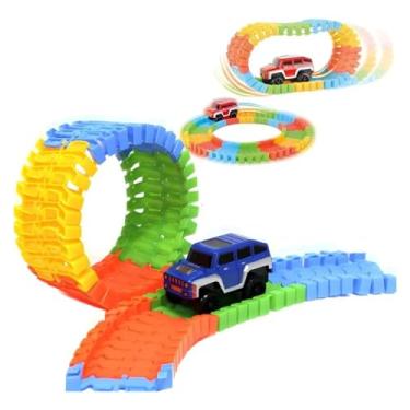 Imagem de Pista de Carrinho Trilha Maluca Flexível 56 Peças | Trilha Articulada com Carrinho de LED Brinquedo Educativo Montável | Pista de Bloquinhos Coloridos para Montar e Criar Trilhas Criativas