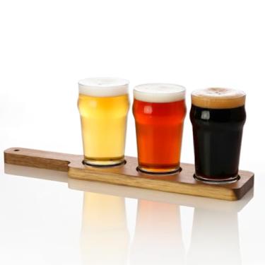 Imagem de Burns Glass Conjunto de 4 peças de cerveja – 3 mini copos nônicos (227 g) com raquete de degustação de madeira - Kit de amostras de cerveja artesanal de 1/2 litro para festas de degustação, bar em