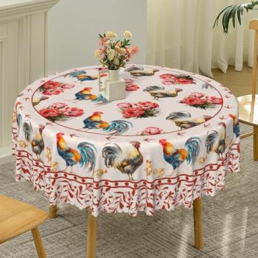 Imagem de TTQYFNM Toalha de mesa redonda Rooster 137 cm fazenda galo fresco frango vermelho estampa floral decoração de mesa tecido impermeável capa de mesa para cozinha, sala de jantar, piquenique, festa
