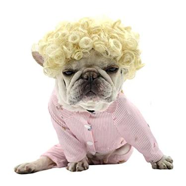 Imagem de Peruca engraçada para cosplay de cachorro e gato, fantasias de animais de estimação, vestido de gato para Halloween, Natal, festas, festivais, perucas para cães pequenos, médios e grandes (cabelo loiro cacheado)