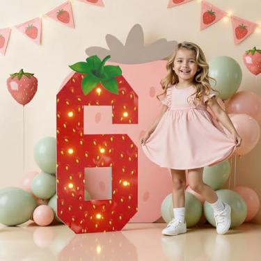 Imagem de Decorações de festa de aniversário de morango para casa, número 6 para letreiro de papelão de espuma de 9 m, decorações de aniversário com tema de morango, números iluminados 6