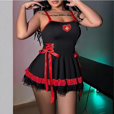 Imagem de Lingerie sexy para mulheres, roupas impertinentes, fantasia de enfermeira cosplay, acabamento em renda e gravata borboleta, mini saia, Preto, X-Large