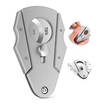 Imagem de TISFA Cortador de charutos lâmina de corte duplo de aço inoxidável com trava de segurança guilhotina de charuto, tesoura afiada de cortador de charutos com estojo de couro (prata)