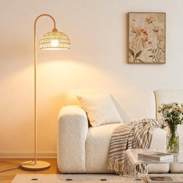 Imagem de Candeeiro de chão boho de vime para sala de estar canto quarto cabeceira luz de leitura, luz de leitura de LED brilhante 12W tricolor, luminária de mesa moderna e bonita, decoração de casa de fazenda