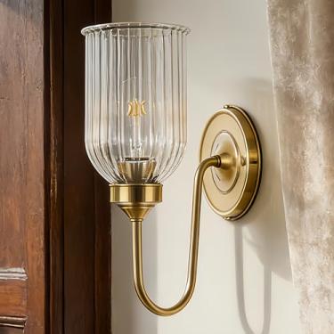 Imagem de Arandela de latão pescoço de ganso com vidro canelado transparente, lâmpada de parede vintage moderna ao lado do espelho, luz de parede com classificação úmida para banheiro, escadas, cozinha