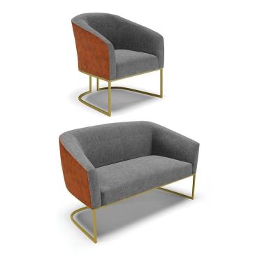 Imagem de Namoradeira E Poltrona Industrial Dourado Stella Noz-linho D03 - D'rossi Cor Grafite