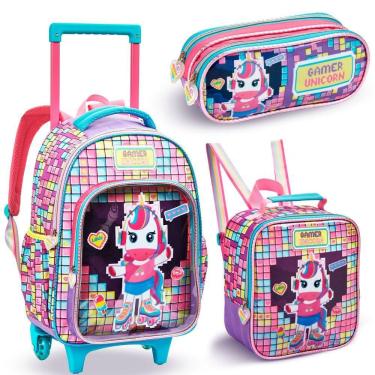 Imagem de Kit Mochila Rodinhas Lancheira Estojo Escolar Unicornio Gamer