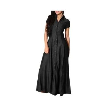 Imagem de Vestido Longo Jeans Casual Elegante 2023 Com Bolso No Pescoço E Abotoa