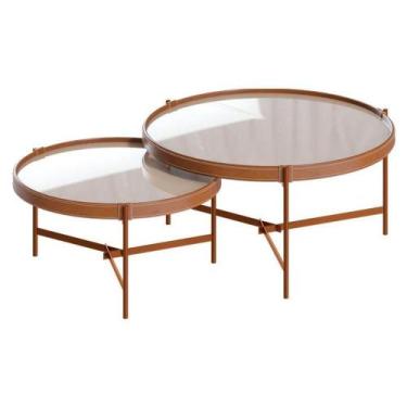 Imagem de Kit Mesa De Centro Aqua Com Vidro Off White Cobre - Imcal - IMCAL MÓVE