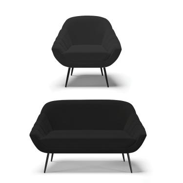 Imagem de Kit 01 Namoradeira 02 Lugares e 01 Poltrona Giovana Linho Preto A79 Pés Palito de Ferro - D'Ross
