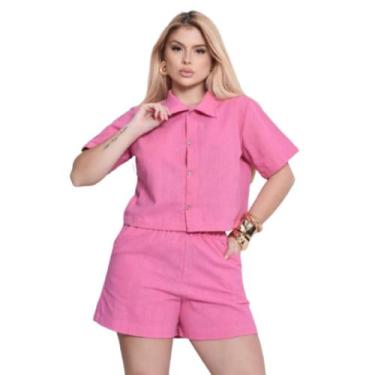 Imagem de Conjunto Feminino Shorts com Bolso e Camisa Botões - - DecoShop, Rosa,