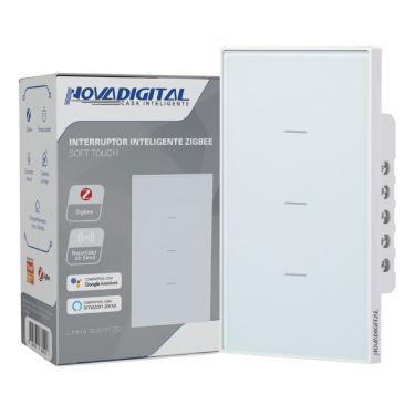 Imagem de Interruptor Inteligente Zigbee Linha Quartzo Novadigital 10 A 3 Botões Branco QZ-3W