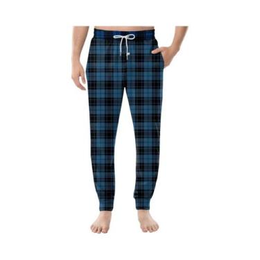 Imagem de Calças De Pijama Casuais Masculinas Com Estampa Xadrez, Cordão, Bolsos