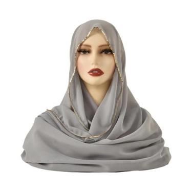 Imagem de Lenço Hijab De Chiffon Com Strass Para Mulheres, Xale Elástico Liso, F