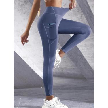 Imagem de Leggings De Cintura Alta Em Cor Sólida Para Mulheres Com Bolsos Latera