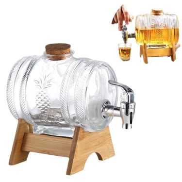 Imagem de Dispenser de Bebidas Barril de Vidro Pingômetro para Servir Cachaça Suco e Licor com Torneira Base de Madeira