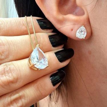 Imagem de Conjunto Brincos E Colar Gota Zirconia Folheado A Ouro - FAMA FOLHEADO