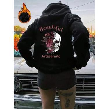 Imagem de Moletom Feminino De Lã Com Estampa De Caveira E Flores, Quente, Estilo