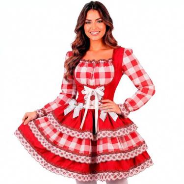 Imagem de Vestido Festa Junina Adulto Feminino Xadrez Manga Longa de Luxo Ajustá