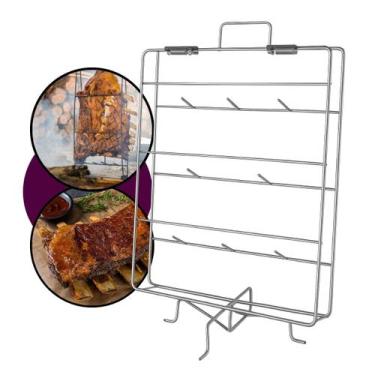 Imagem de Espeto Grelha Costelão Suporte Aço Inox 60x70cm para Churrasco Fogo de