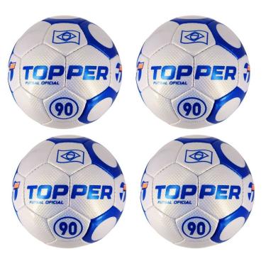 Imagem de Kit 04 Bolas de Futsal Topper 90 Oficial Costurada à Mão com Superfície Texturizada Branco e Azul Tamanho 05