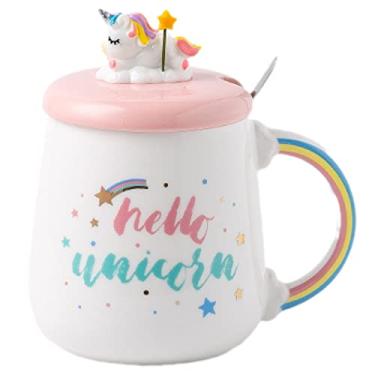 Imagem de Caneca de unicórnio com tampa de colher, estilo nórdico, caneca de leite infantil de cerâmica, xícara de chá, presente, escritório, casa (Olá, unicórnio meteoro, 400 ml)