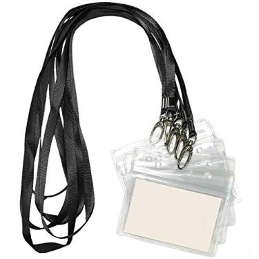 Imagem de Cordão com suporte para identidade, 50 peças, à prova d 'água, crachá de identidade, porta-cartão de identidade, porta-cartão de identificação e 50 peças, cordão de pescoço plano, gancho giratório, Preto, Horizontal
