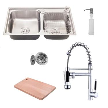 Imagem de Kit Cuba Pia Dupla Gourmet Luxo Prizi Aço Inox 304 43x78cm Kit Completo - MD7843B + Torneira Gourmet Prizi com Spray, Monocomando - KE6024-1