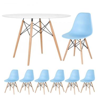 Imagem de Mesa Redonda Eames 120cm Branco + 6 Cadeiras Azul Claro