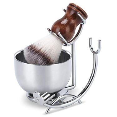 Imagem de Suporte profissional de lâmina de barbear e perfeito sabonete de aço inoxidável de camada dupla com escova de barbear natural de madeira maciça, o melhor presente para homens, Shaving stand - Bowl - Brush
