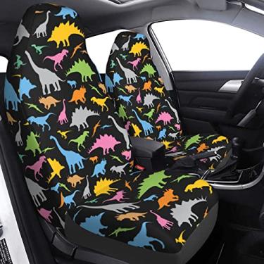 Imagem de FeHuew 2 peças lindas capas de assento de carro coloridas dinossauros apenas assentos dianteiros flexíveis leves universais automáticos protetores de assento acessórios para carros SUV Sedan cadeira